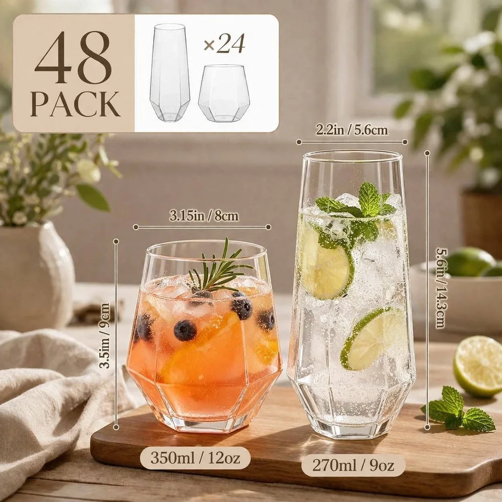 Oojami 48 Pack Diamond Clear Unbreakable Stemless Plastic Champagne Flutes Cups